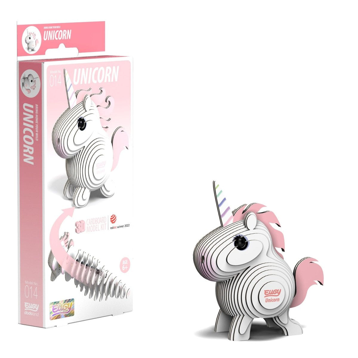EUGY Unicorn 3D cardboard model kit - finished model with its box