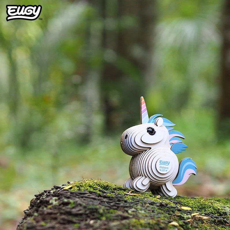 EUGY Unicorn Sky 3D cardboard model kit - built model on display