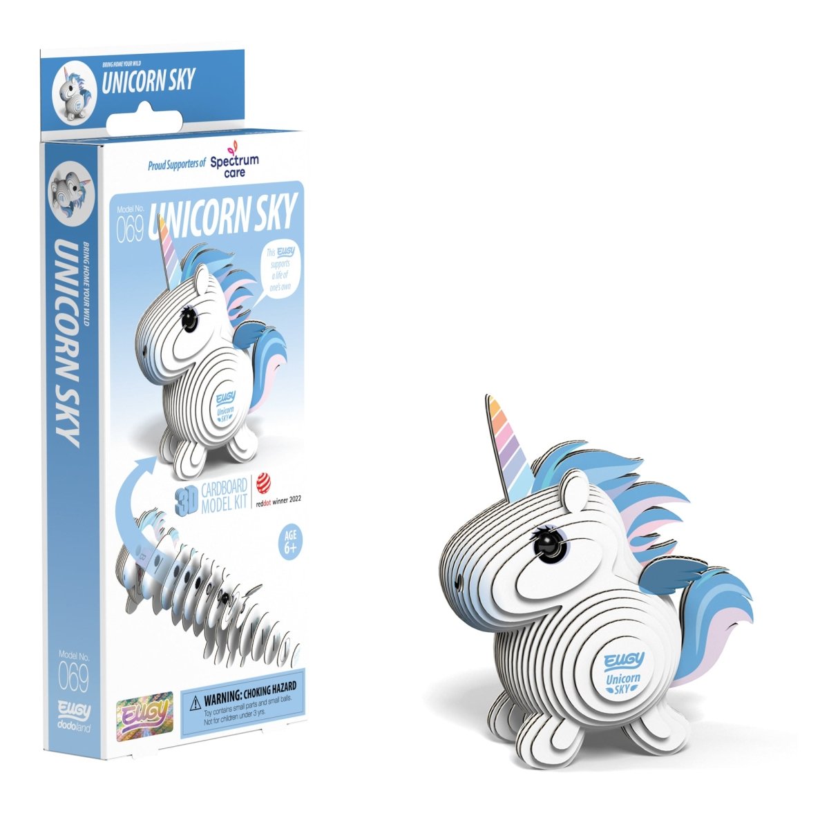 EUGY Unicorn Sky 3D cardboard model kit - finished model with its box