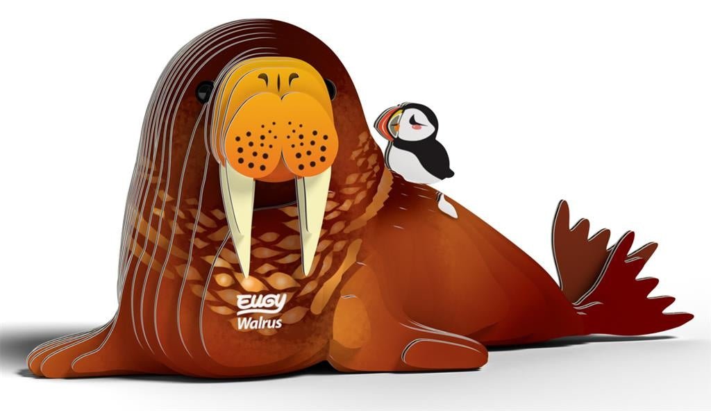 EUGY Walrus card model front view with drop shadow, walrus and puffin passenger