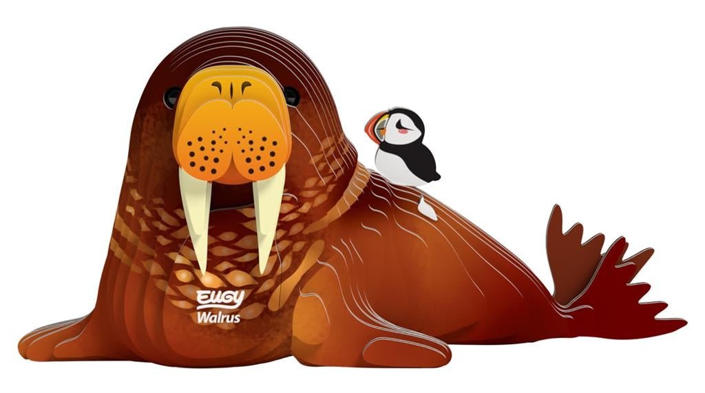 EUGY Walrus card model front view, tusked walrus with a puffin perched on its back