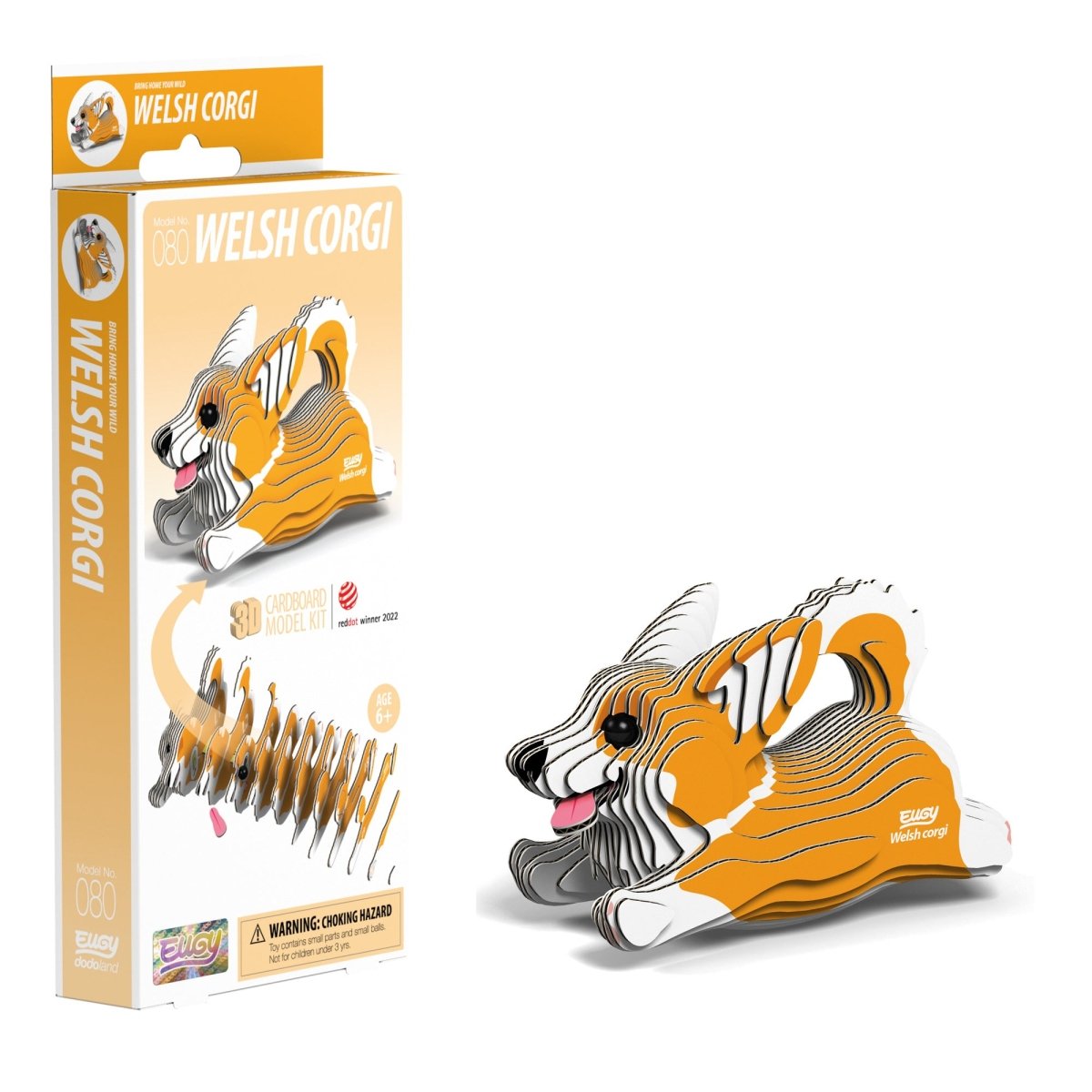 EUGY Welsh Corgi 3D cardboard model kit - finished model with its box