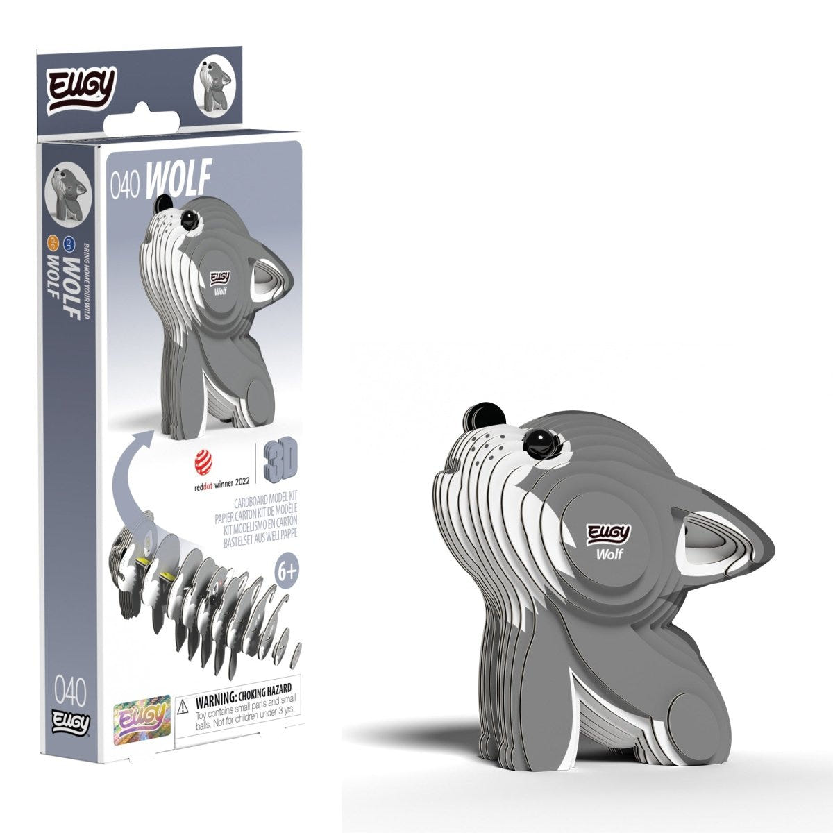 EUGY Wolf 3D cardboard model kit - finished model with its box
