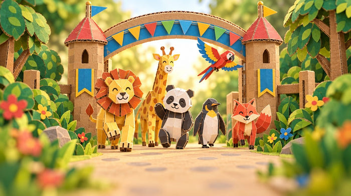 Cardboard EUGY animals parading out of the zoo gate