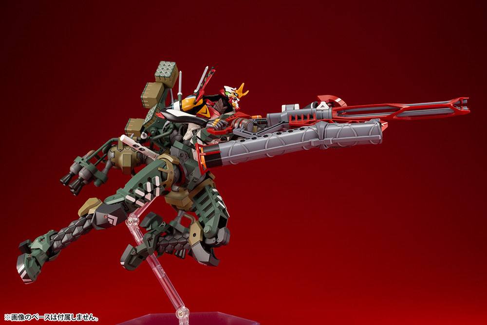Evangelion Production Model-New 02 aiming its long red rifle on a flying base, red backdrop