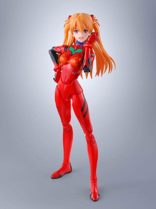 Bandai S.H.Figuarts Asuka Shikinami Langley action figure from Evangelion in red plugsuit, front view