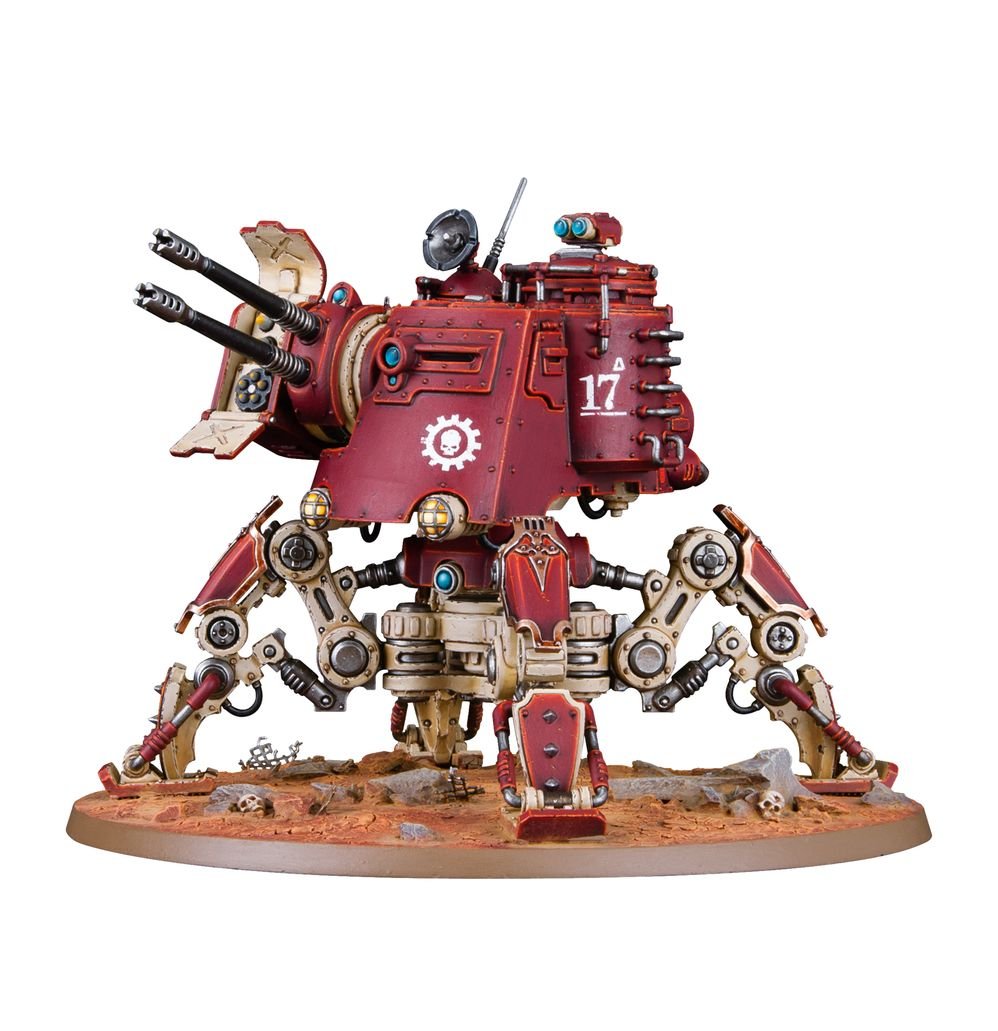 Painted Adeptus Mechanicus Onager Dunecrawler walker in red with twin guns