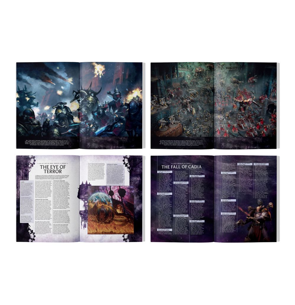 Inside spreads from Eye of Terror: Reign of Iron, with battle artwork and Fall of Cadia lore pages