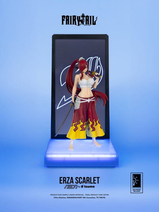 Tsume NEON Fairy Tail Erza Scarlet 1/9 figure with guild emblem backdrop and lit base, front view