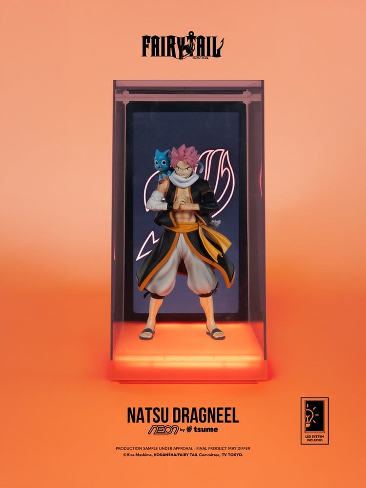 Natsu Dragneel NEON figure inside its clear display case with glowing orange base