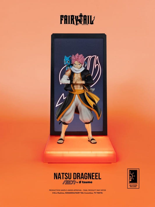 Tsume NEON Fairy Tail Natsu Dragneel 1/9 figure with guild emblem backdrop and orange lit base