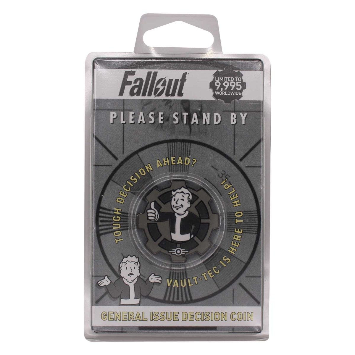 Fallout General Issue Decision Coin in its Please Stand By blister packaging, front