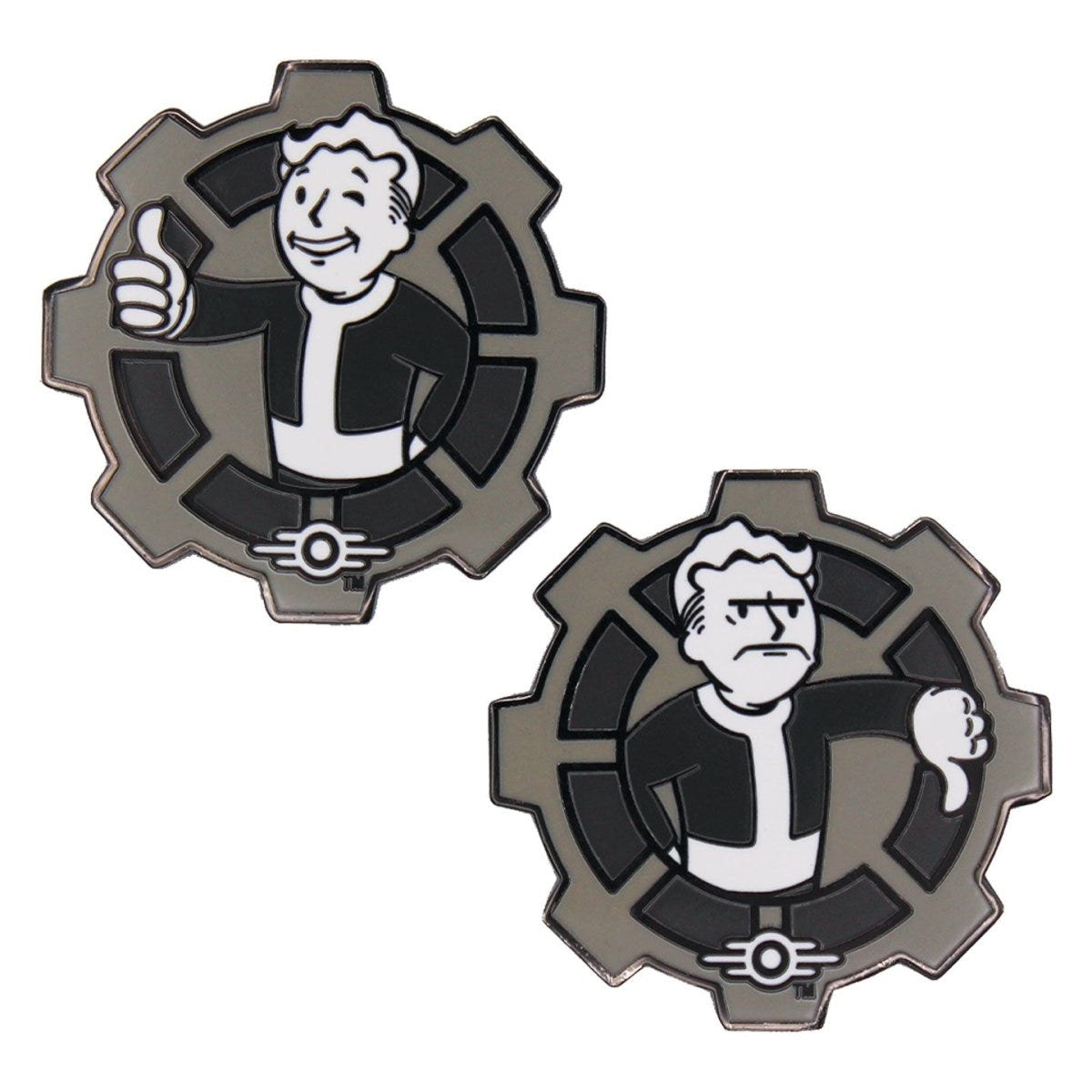 Fanattik Fallout Decision Coin in black and white, Vault Boy thumbs-up and thumbs-down sides