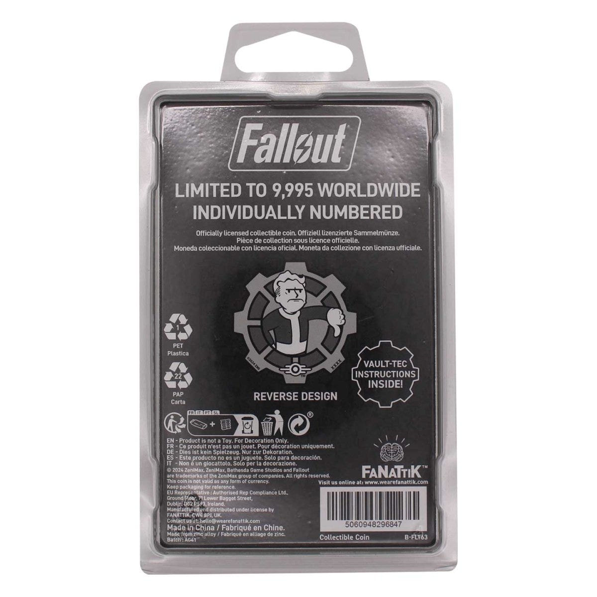 Back of the Fanattik Fallout Decision Coin packaging, limited to 9,995 and numbered