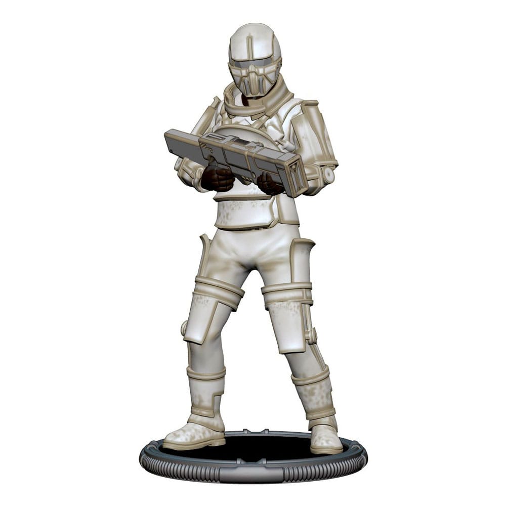 Fallout Synth mini figure in white armour holding a rifle, on a round display base