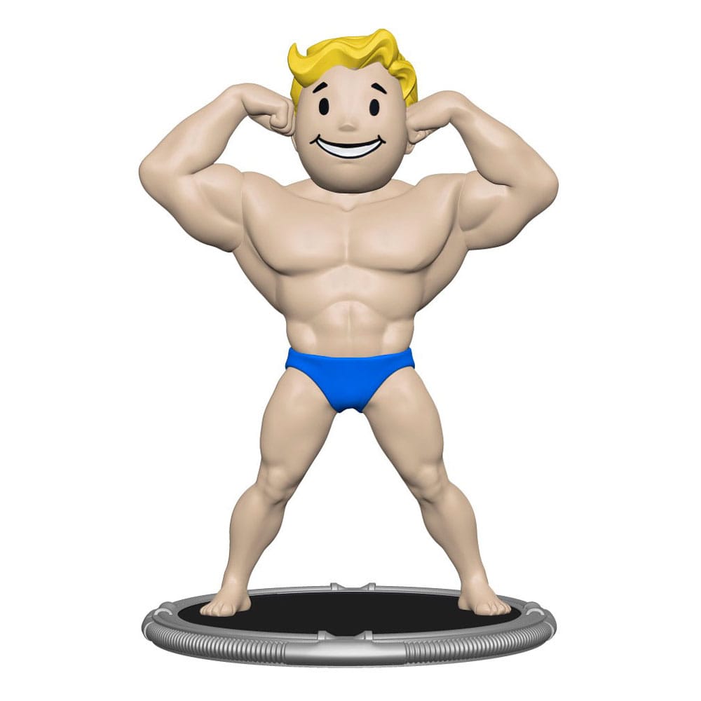 Fallout Vault Boy (Strong) mini figure flexing both arms in blue shorts, on a round base