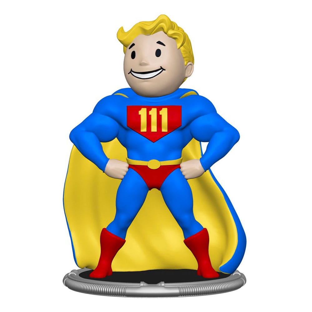 Fallout Vault Boy mini figure in blue superhero costume with yellow cape