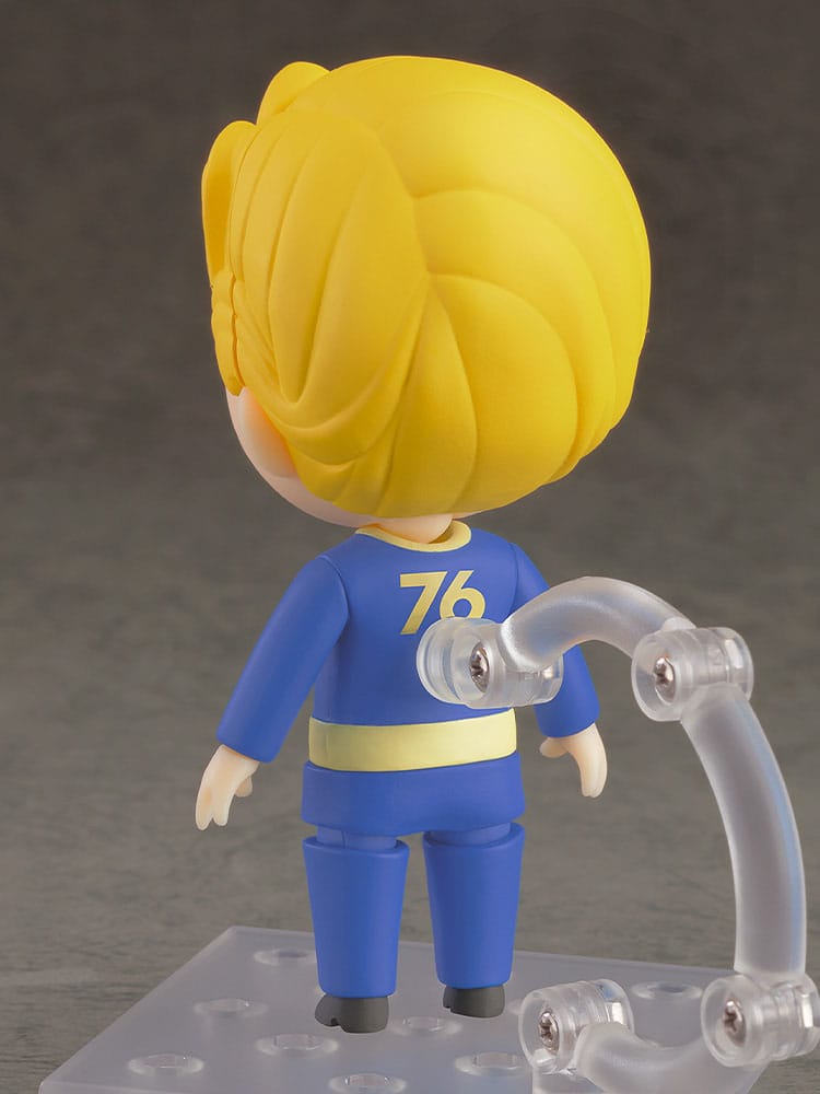 Rear view of the Vault Boy 76 Nendoroid showing the number 76 on his blue vault suit