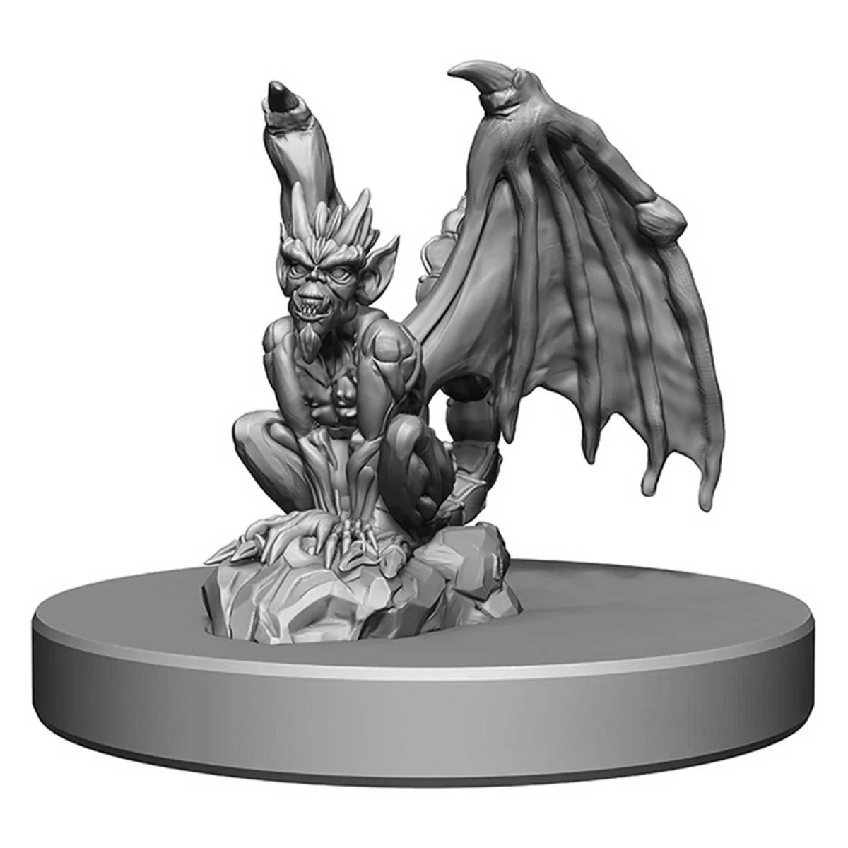 Unpainted WizKids D&D Nolzur's Familiars miniature: a horned winged imp-like creature on a rock