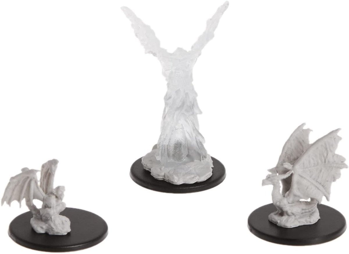 All three WizKids D&D Nolzur's Familiars unpainted miniatures on black bases, front view
