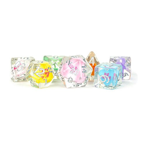 Fanroll 16mm resin Love Dice set, seven clear polyhedral dice with heart sweets set inside