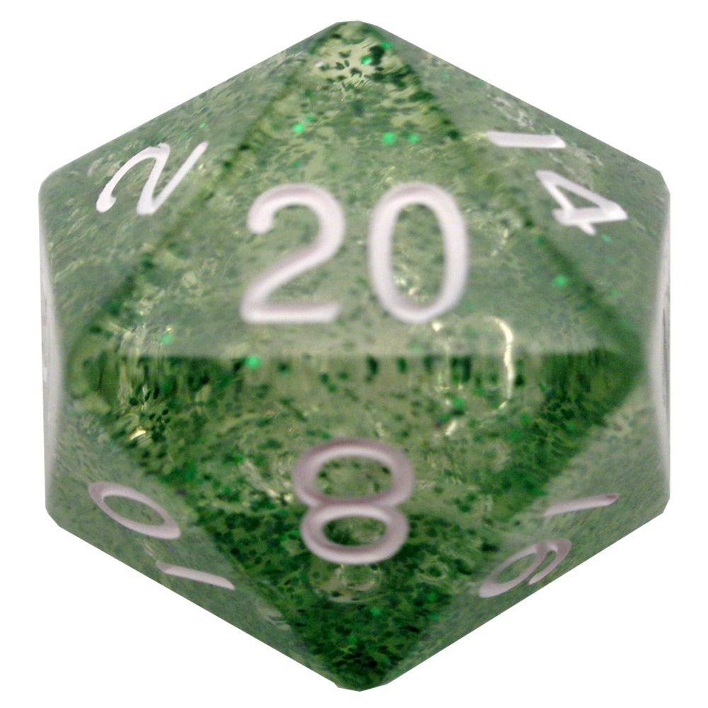 Fanroll 35mm mega acrylic D20 in ethereal green with sparkle and white numbers, 20 face up