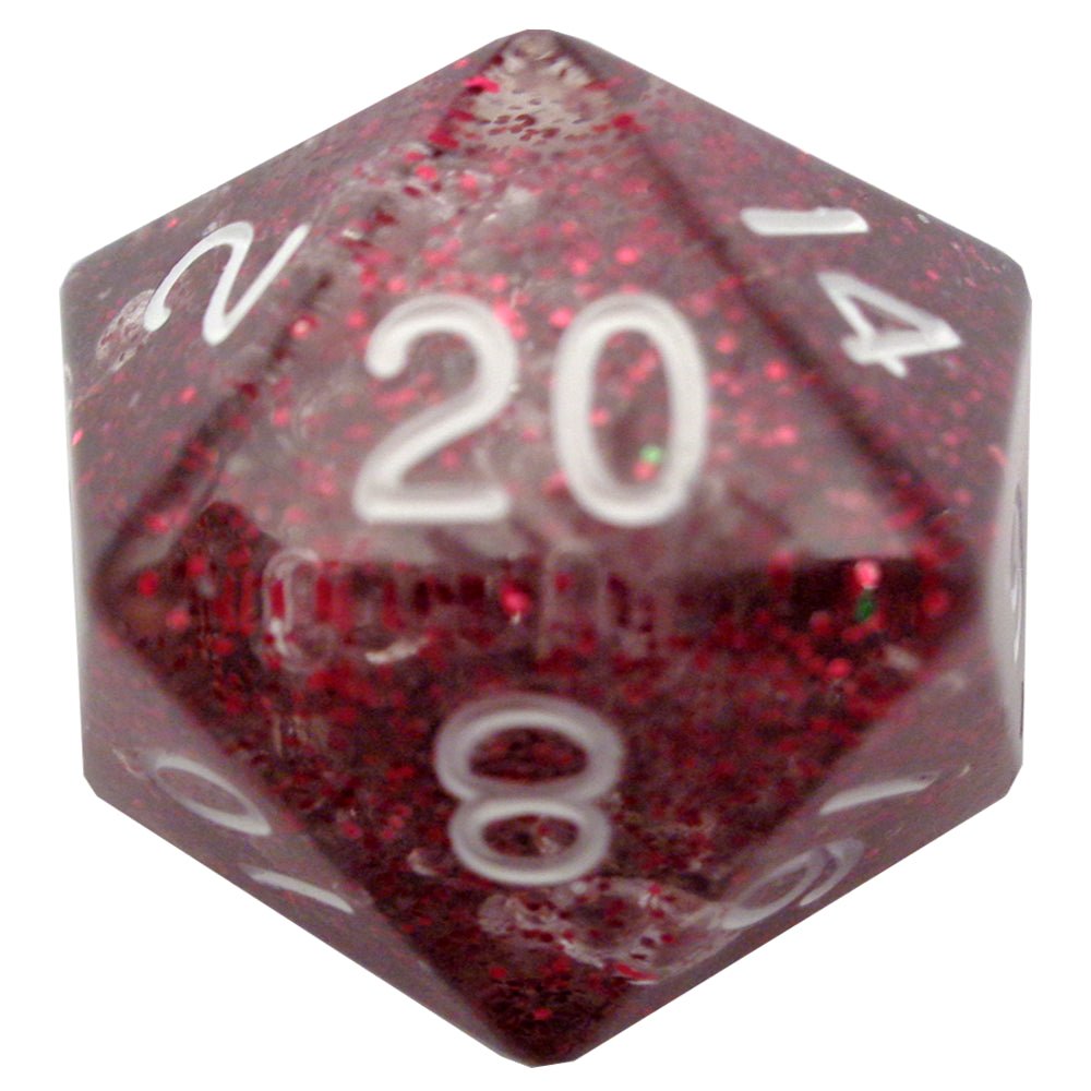 Fanroll 35mm mega acrylic D20 in sparkling translucent red glitter with white numbers