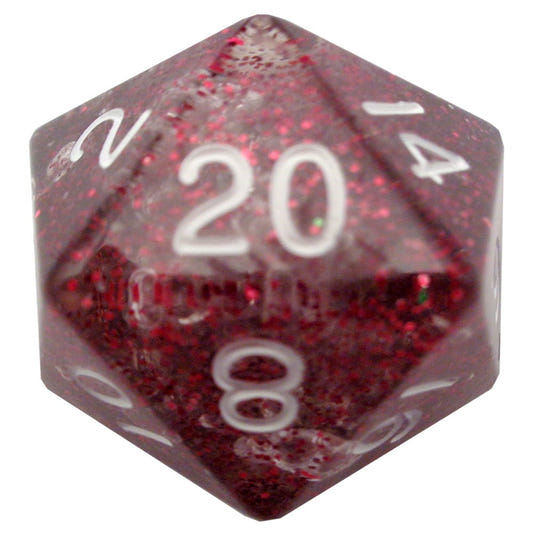 Fanroll 35mm mega acrylic D20 in sparkling translucent red glitter with white numbers