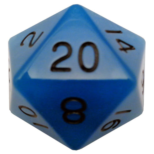 Fanroll 35mm mega acrylic D20 in glow blue with black numbers, showing the 20 face
