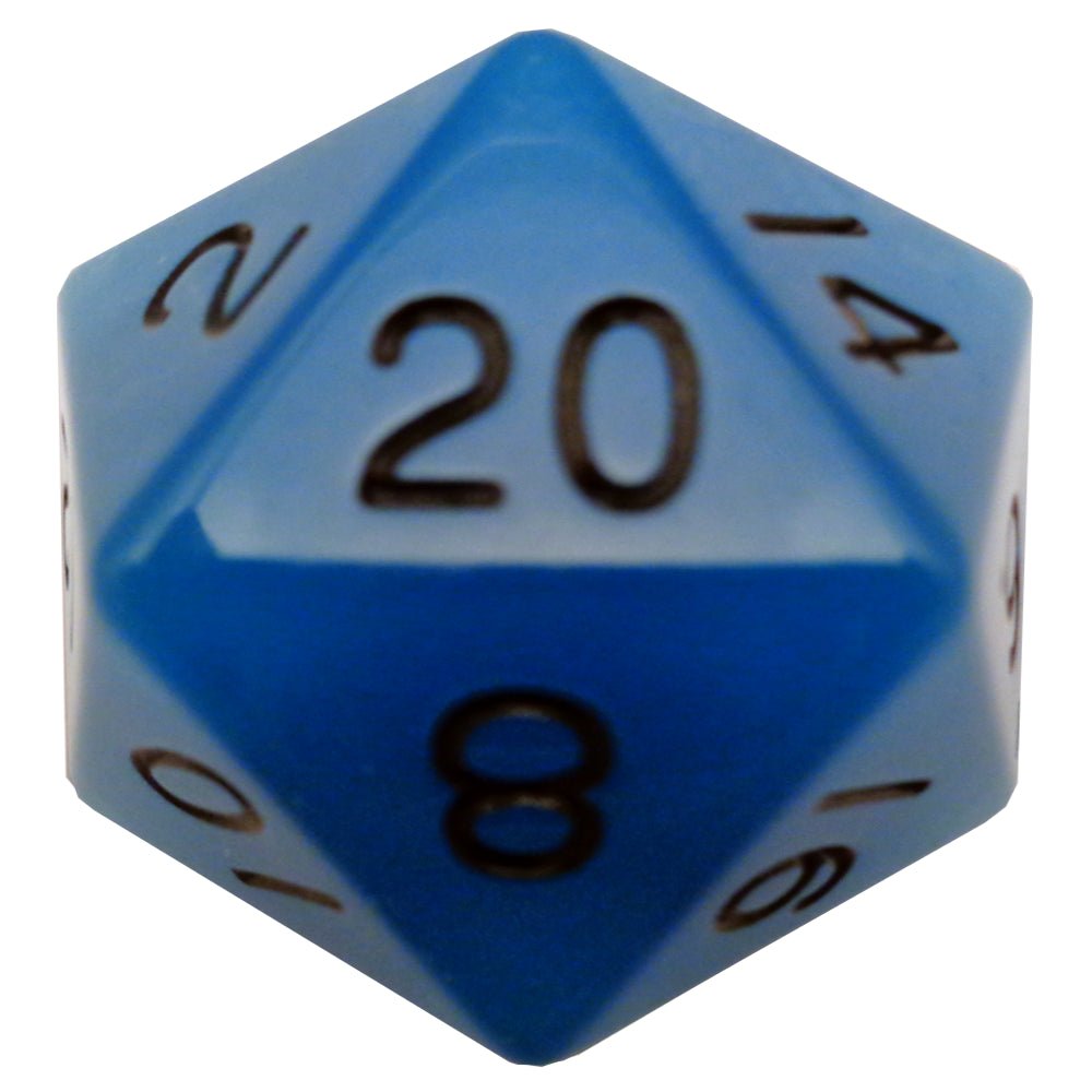 Fanroll - 35mm Mega Acrylic D20 - Glow Blue with Black Numbers - Loaded Dice