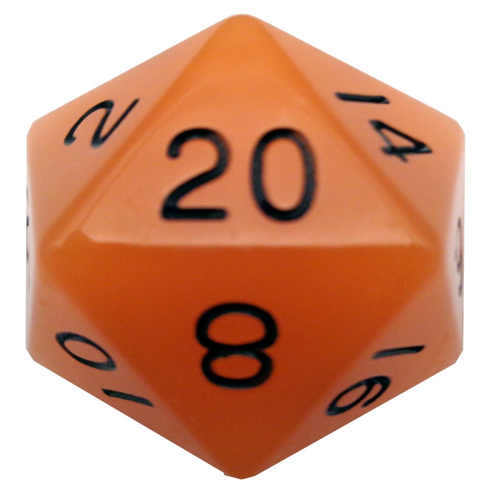 Fanroll 35mm mega acrylic glow-in-the-dark D20 in orange with black numbers, 20 face up