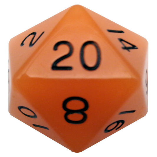 Fanroll 35mm mega acrylic glow-in-the-dark D20 in orange with black numbers, 20 face up