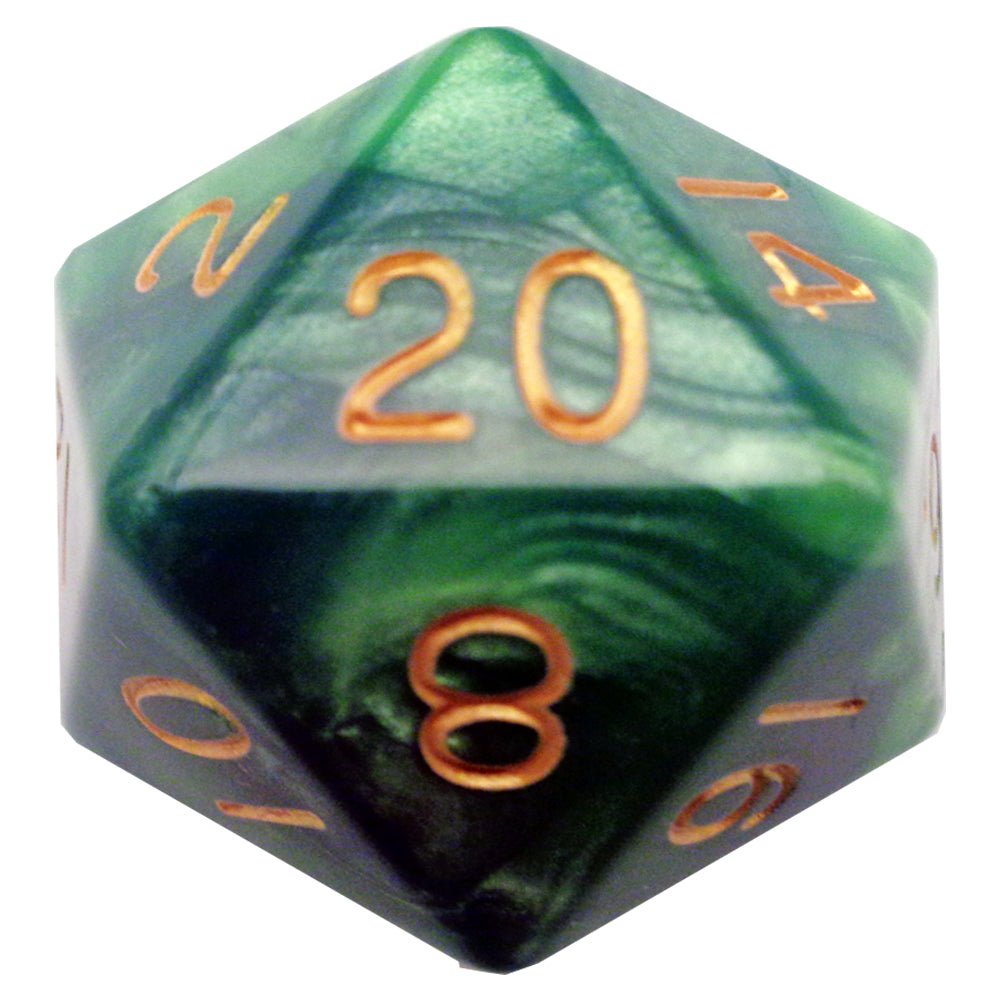 Fanroll 35mm mega acrylic D20 swirled in green and light green with gold numbers, 20 face up