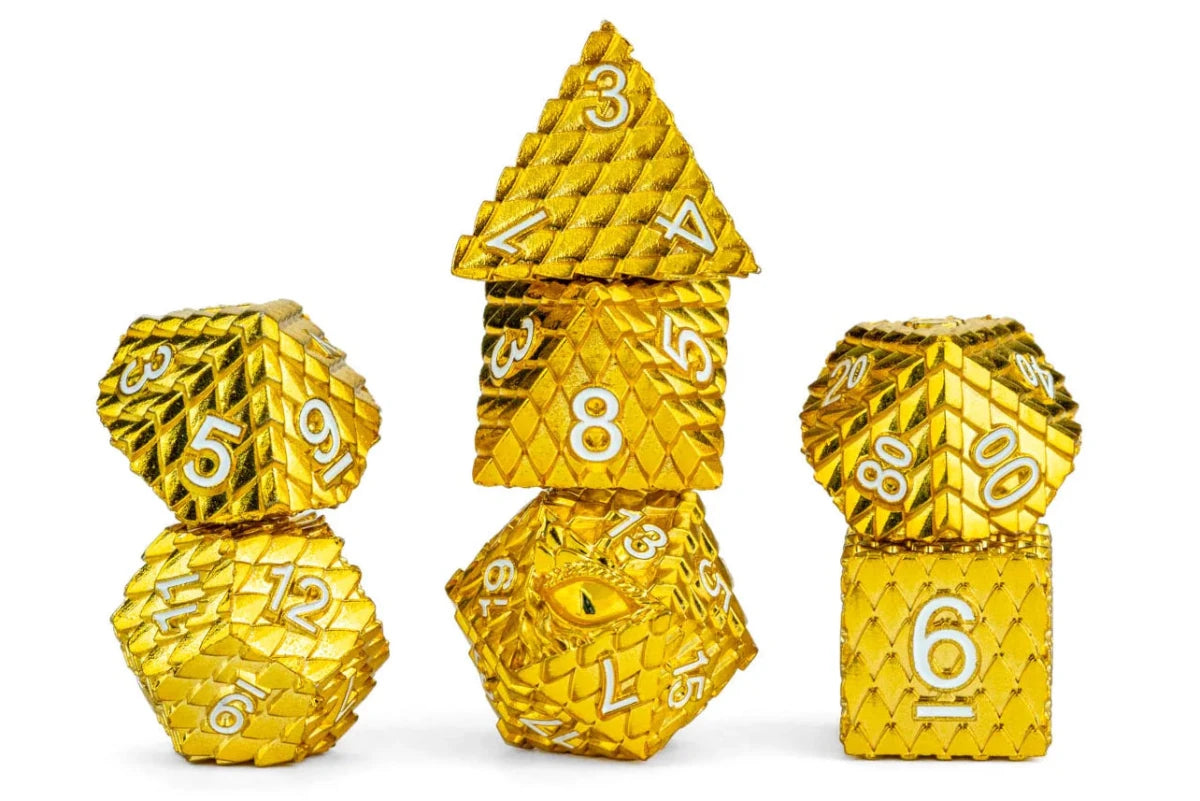 Set of gold polyhedral dice with white numbers on a white background
