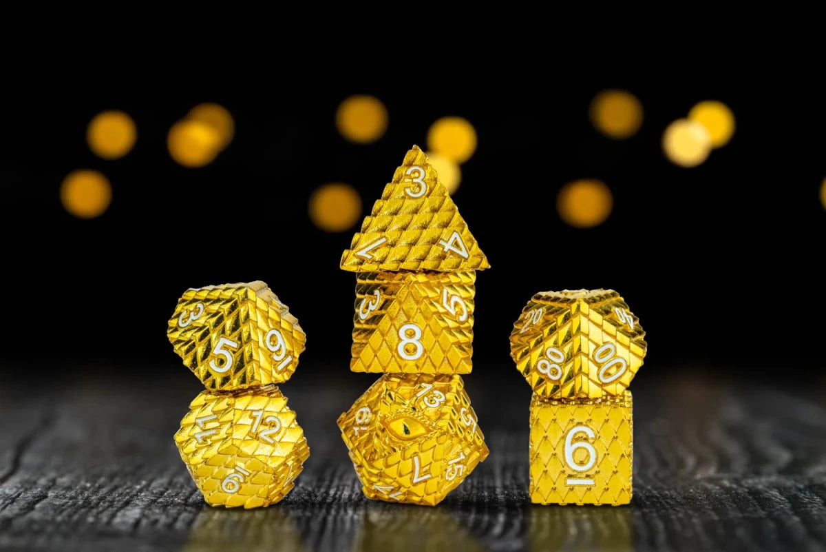 Fanroll - D&D Dragon Scale Metal Dice Set - Gold - Loaded Dice