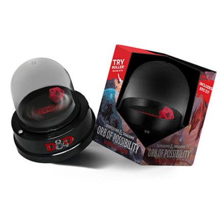 Fanroll D&D Orb of Possibility dice roller with clear lid and red silicone d20, beside its box