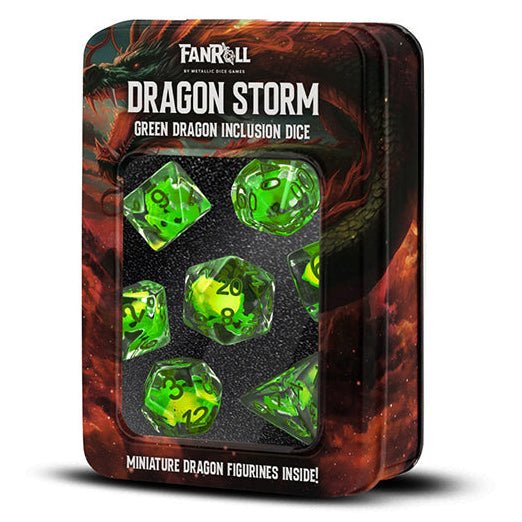 Fanroll - Dragon Storm Inclusion Resin Dice Set - Green Dragon - Loaded Dice