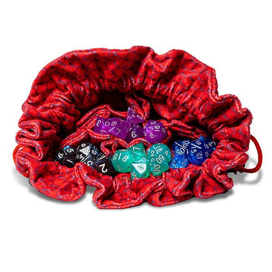 Fanroll Dragon Storm velvet dice bag in red dragon scale print, open with dice inside