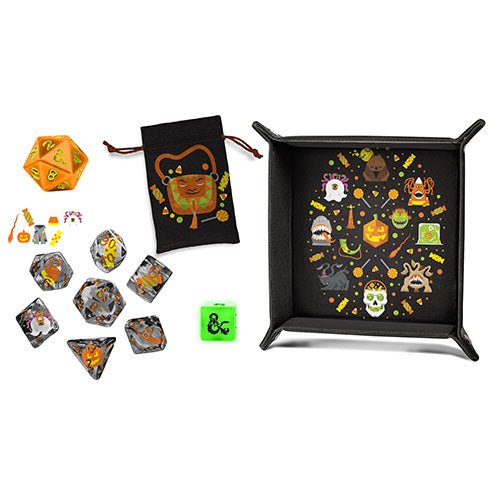 Contents of the Fanroll D&D Halloween Haunt Advent Calendar: dice set, dice bag, rolling tray and extras