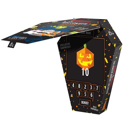 Fanroll Dungeons & Dragons Halloween Haunt Advent Calendar box, coffin-shaped with pumpkin door open