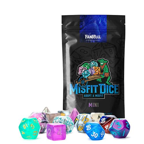 Fanroll Mystery Misfit Mini polyhedral dice pack with assorted coloured mini dice in front