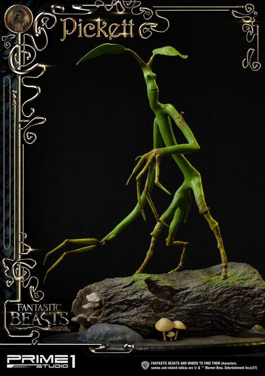 Prime 1 Studio Fantastic Beasts Pickett the Bowtruckle statue on a mossy log base