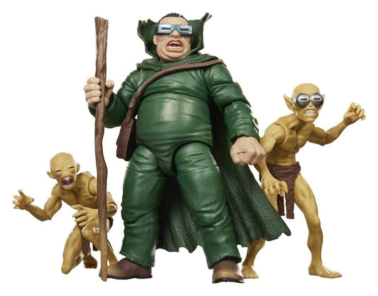 Marvel Legends Mole Man with staff flanked by two Moloid figures