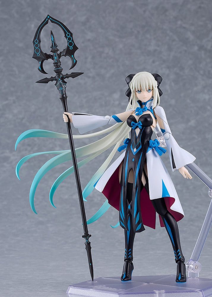 Fate/Grand Order figma Morgan front view on a clear stand with staff and flowing hair