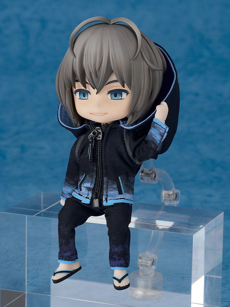 Oberon Moody Summer Ver. Nendoroid Doll seated on a clear block with hood down