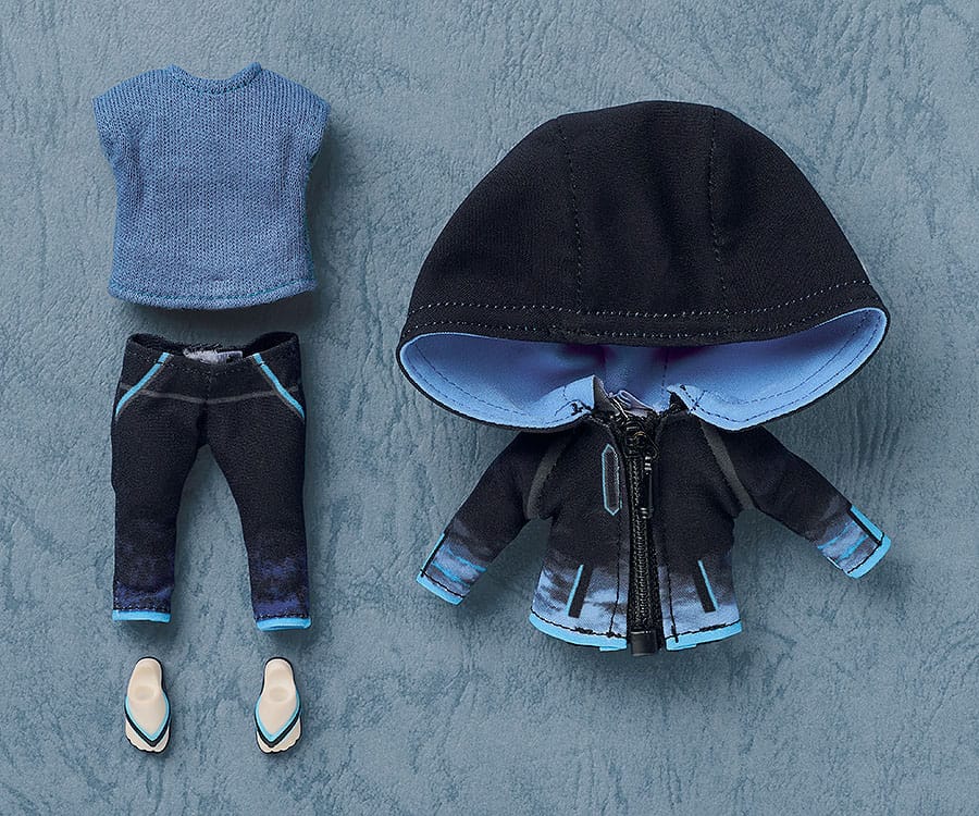 Oberon Nendoroid Doll outfit laid flat: blue T-shirt, hoodie, trousers and sandals