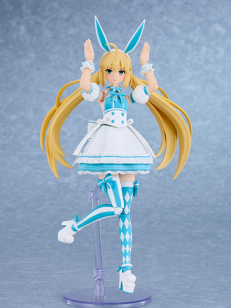Altria Caster Plamatea kit waving both hands on one leg, bunny-ear headband and blue dress