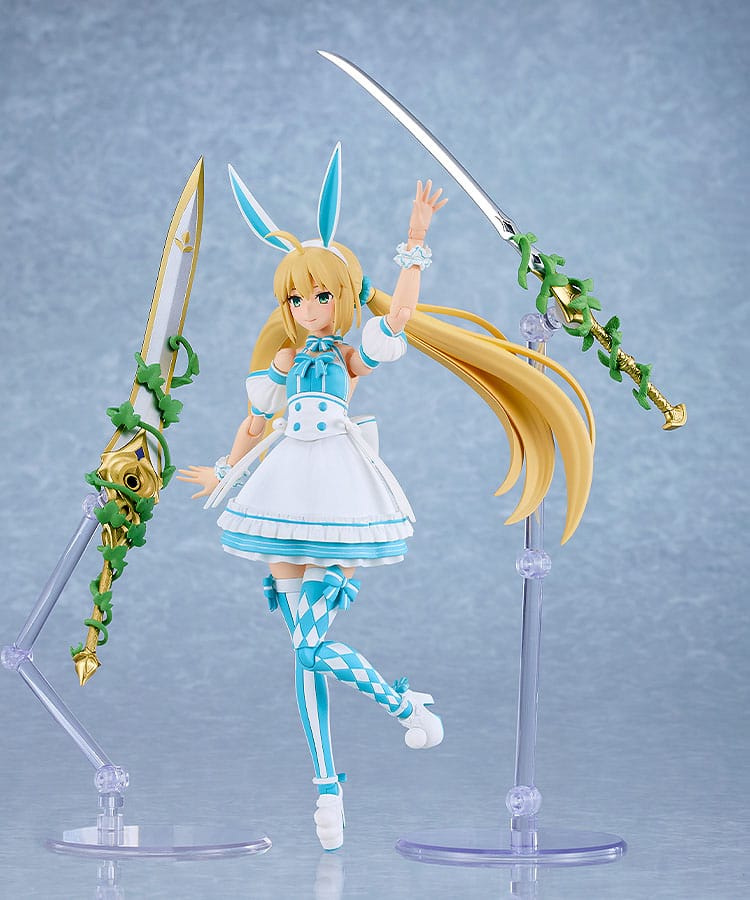 Altria Caster Plamatea kit leaping with swords held high on articulated display stands