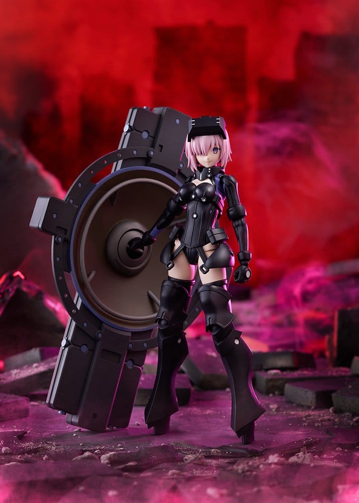 Mash Kyrielight Ortinax Plamatea by Max Factory holding her shield in a red ruined scene