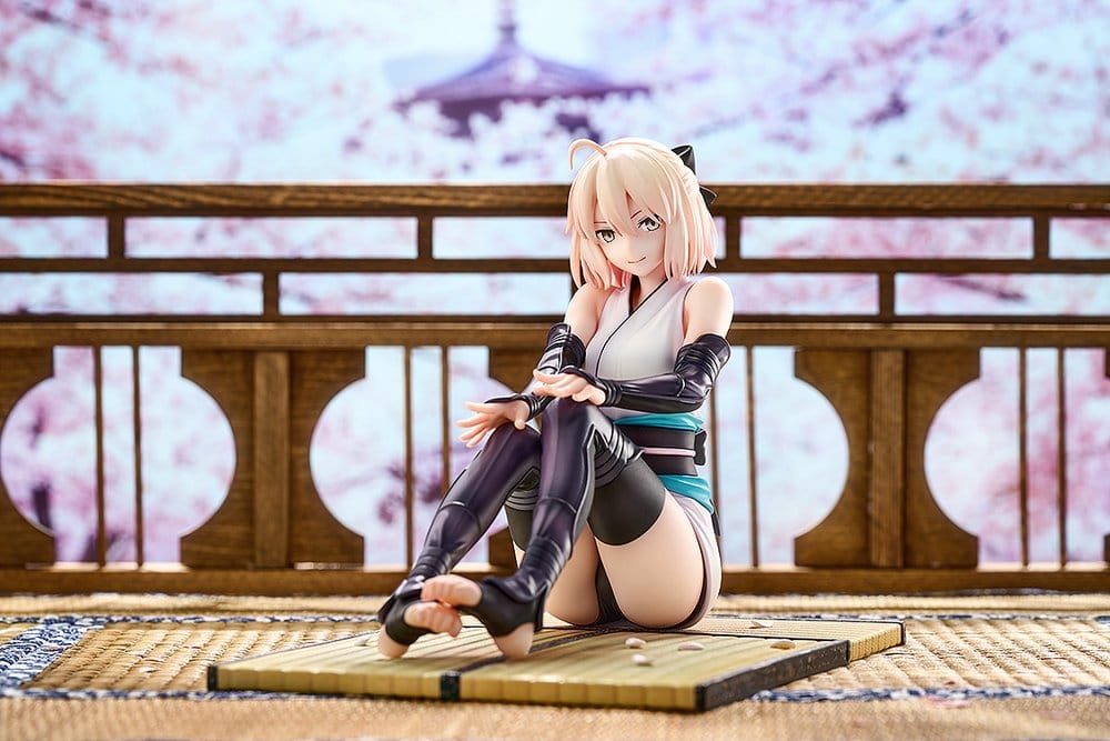 Fate/Grand Order Okita Souji statue on tatami base in front of a wooden balcony and cherry blossoms